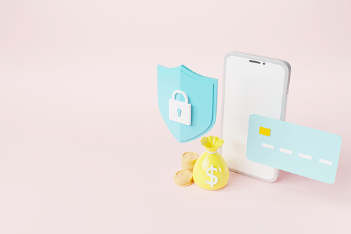 Secure mobile banking with credit card and lock shaped icon on pink background, smartphone security bank transaction money payment online Internet banking app protection, 3D rendering illustration