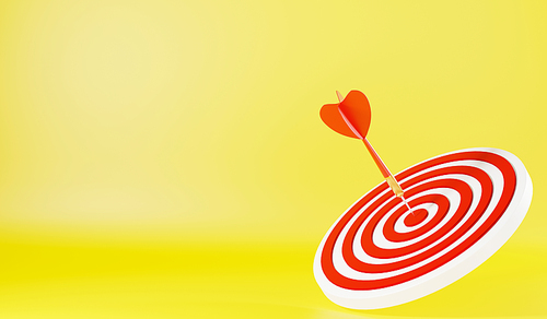 Dart arrow hitting to center on bullseye (bull's-eye) dartboard is target of purpose challenge business on yellow background, expert marketing strategy target, objective goal success, 3D rendering