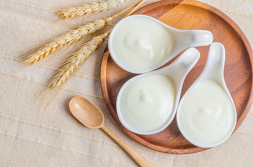 Greek yogurt in a white bowl and dry barley on tablecloth.