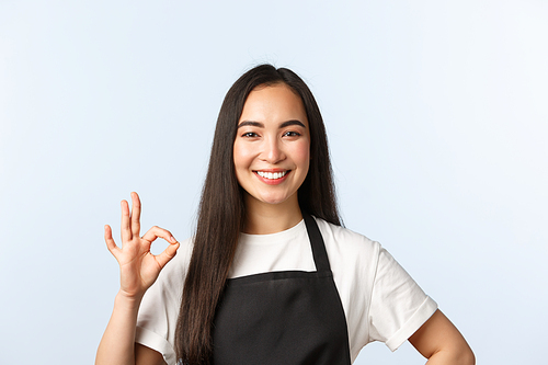 Coffee shop, small business and startup concept. Pleasant cute smiling asian barista, shop or cafe employee in black apron guarantee quality of service, show okay sign, recommend place.