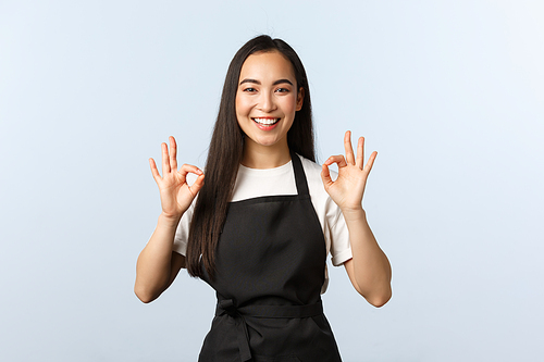 Coffee shop, small business and startup concept. Smiling attractive korean female barista, waitress in cafe, black apron assure clients, show okay sign and grinning, no problem, guarantee quality.