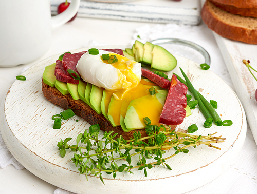 toast with poached egg and avocado on a round board, morning breakfast, top view on a white table