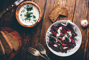 Baked beet fries with greek yogurt and dill dressing
