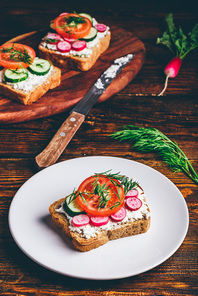 Vegetarian sandwich with fresh sliced tomatoes, cucumber and radish on white plate