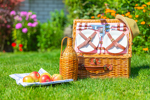 Nice Picnic basket with food on green sunny lawn