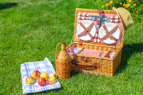 Nice Picnic basket with food on green sunny lawn