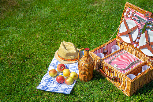 Picnic basket with food on green sunny lawn
