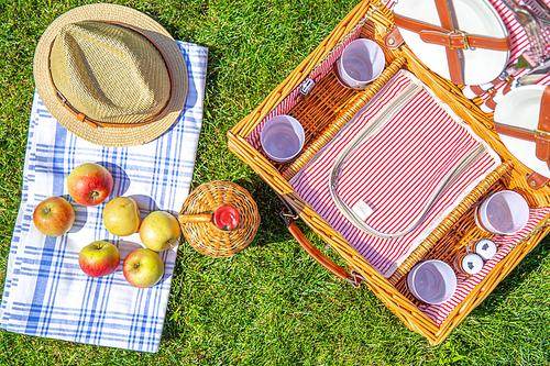Picnic basket with food, hat and bottle of wine on green sunny lawn