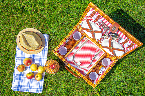 Flat lay view of Picnic basket with food on green sunny lawn
