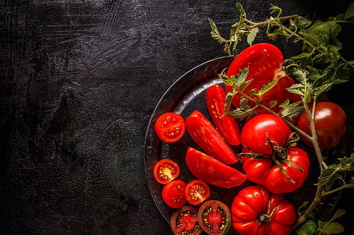 Fresh ripe garden tomatoes on black background, space for your text