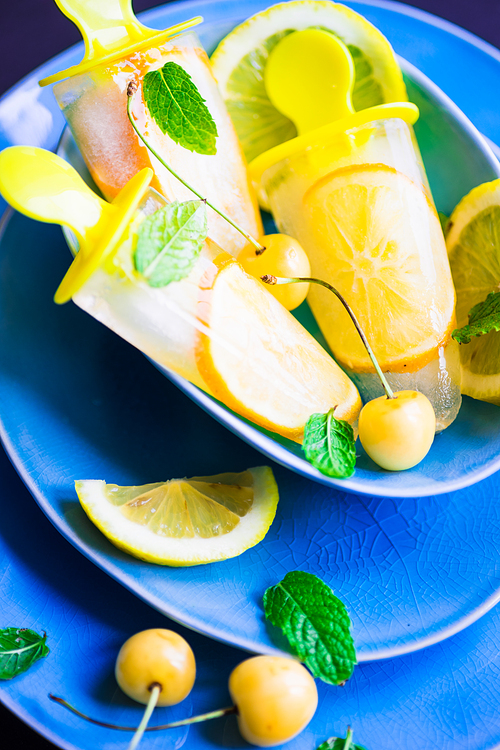 Summer dessert with lemon and mint on rustic wooden background with copyspace