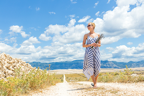 Caucasian young woman in summer dress holding bouquet of lavender flowers while walking outdoor through dry rocky Mediterranean Croatian coast lanscape on Pag island in summertime.