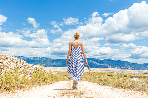 Rear view of woman in summer dress holding bouquet of lavender flowers while walking outdoor through dry rocky Mediterranean coast lanscape on Pag island, Croatia in summertime.
