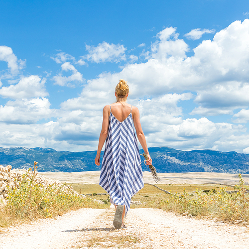 Rear view of woman in summer dress holding bouquet of lavender flowers while walking outdoor through dry rocky Mediterranean coast lanscape on Pag island, Croatia in summertime.
