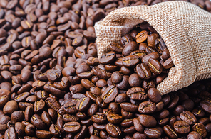 Coffee beans in sack bag on coffee beans background.