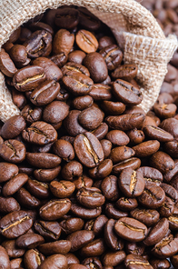 Coffee beans in sack bag on coffee beans background.