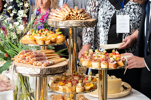 Businesspeople at banquet lunch break at business conference meeting. Assortment of canapes, small pieces of bread or pastry with a savory topping, and finger food on table.