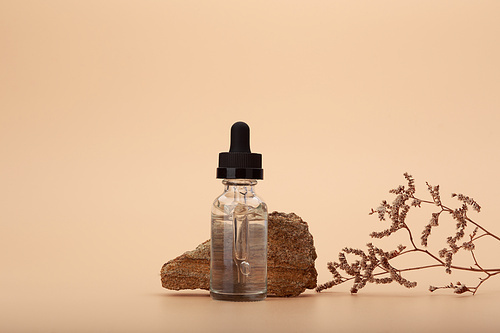 Glass bottles with skin serum or oil for skin care next to stone against beige background decorated with dry flower. Concept of anti aging or organic skin care for glowing, young looking skin
