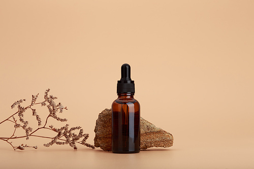 Skin serum bottle in dark glass next to natural stone and dry flower against beige background with copy space. Concept of luxury skin serum or oil for anti aging daily treatment