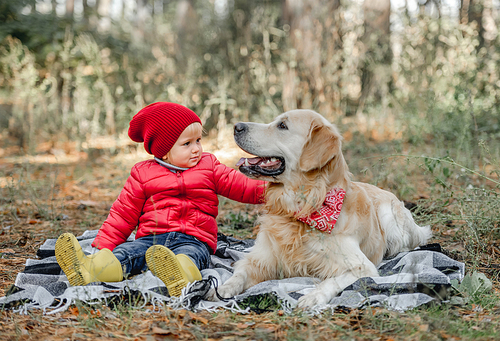 Little girl child with golden retriever dog sitting on the ground on plaid in the forest at autumn. Female kid looking at cute doggie pet and petting it