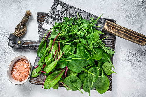 Fresh mixed greens, spinach, swiss chard and arugula. White background. Top view.