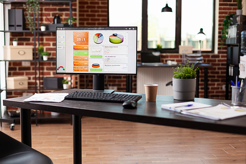 Empty startup office with monitor and supplies on desk. Close up of computer with financial charts on display, plant pot and cup of coffee on table. Nobody in business workplace