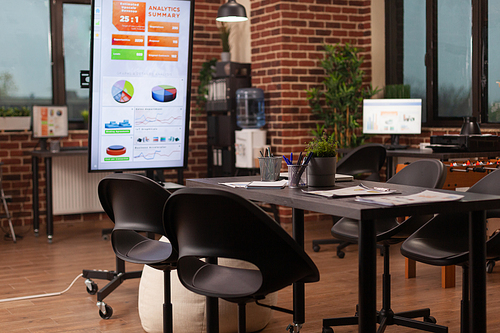 Interior of empty startup company office with nobody in it ready for management meeting, having financial graph running on computer display. Business workplace with modern furniture, corporation job