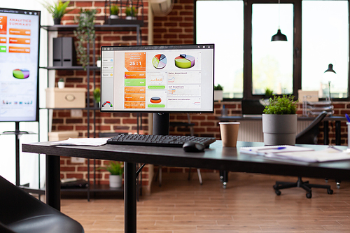 Monitor with business charts on table in empty office. Computer with financial economy graphs in startup space, professional workspace with modern design and decor. Nobody in office