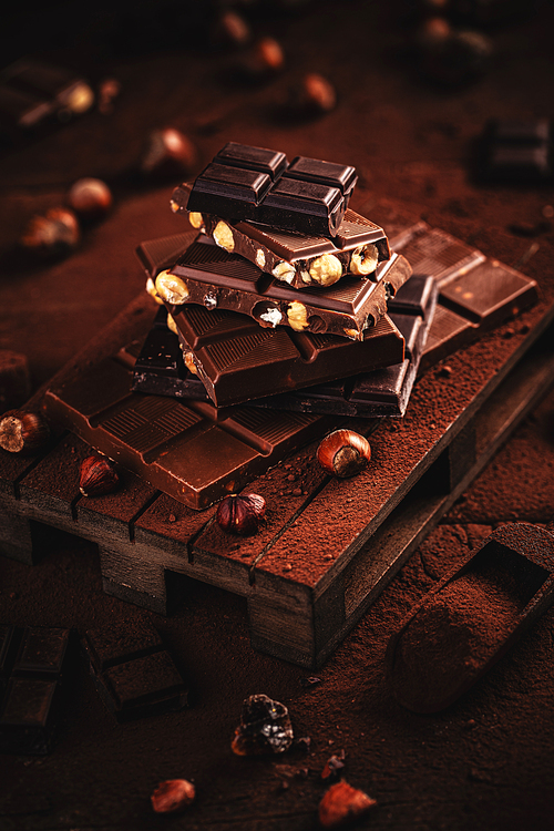 Chocolate pieces with hazelnut on dark wooden background