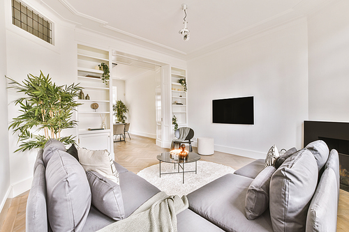 Spacious, bright living room with two small sofas and a round carpet on the floor