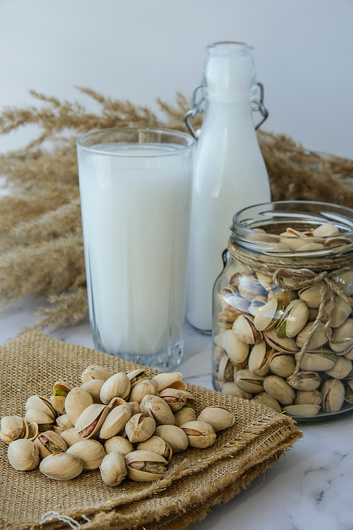 Pistachio lactose free milk for dietary nutrition. Alternative food and vegetarianism. Glass of healthy pistachio milk stands on concrete background. Diet milk, vegetarian food. Gluten free. Nut non-dairy milk