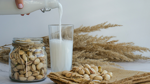 Vegetable milk is poured into a glass Pistachio lactose free milk for dietary nutrition. Alternative food and vegetarianism. Diet milk, vegetarian food. Gluten free. Nut non-dairy milk