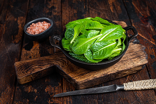 Baby romain green salad leaves in pan. Dark wooden background. Top view.