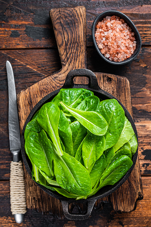 Baby romain green salad leaves in pan. Dark wooden background. Top view.