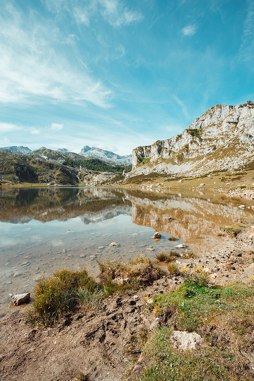 Picturesque summer landscape of highland Beautiful landscape with mountains. Viewpoint in Lagos de Covadonga, Picos de Europa National Park, Asturias, Spain