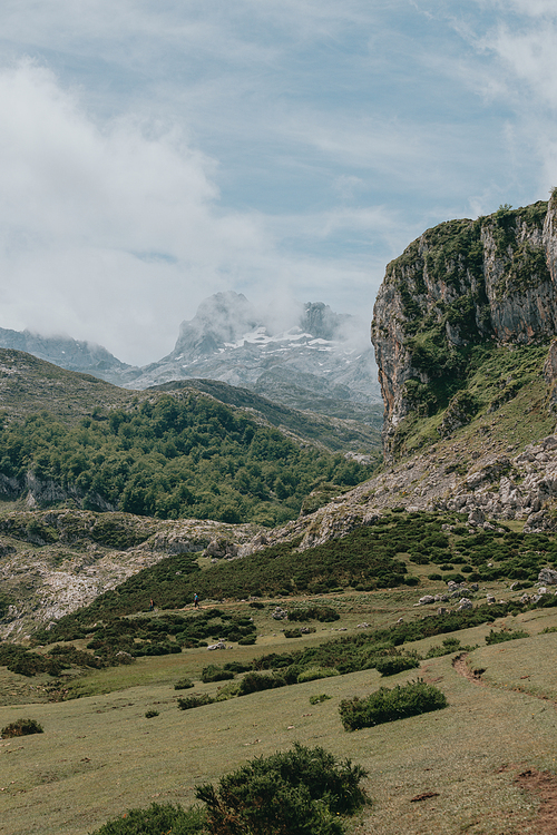 Picturesque summer landscape of highland Beautiful landscape with mountains. Viewpoint in Lagos de Covadonga, Picos de Europa National Park, Asturias, Spain