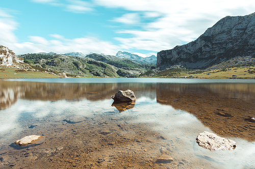 Picturesque summer landscape of highland Beautiful landscape with mountains. Viewpoint in Lagos de Covadonga, Picos de Europa National Park, Asturias, Spain