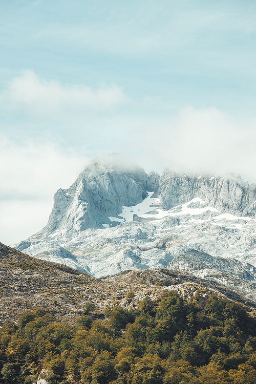 Picturesque summer landscape of highland Beautiful landscape with mountains. Viewpoint in Lagos de Covadonga, Picos de Europa National Park, Asturias, Spain