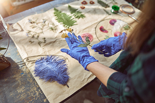 Confident female florist is working with dryed flowers in cozy flower shop