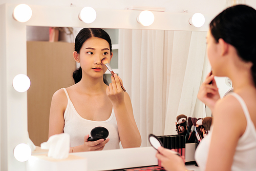 Beautiful young woman looking in the mirror and applying cosmetic with a big brush