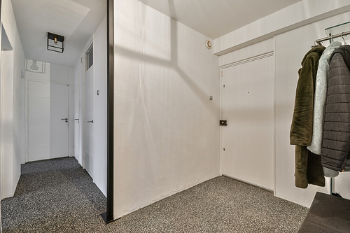 A spacious corridor with carpeted floors and a clothes rack at the entrance to the house