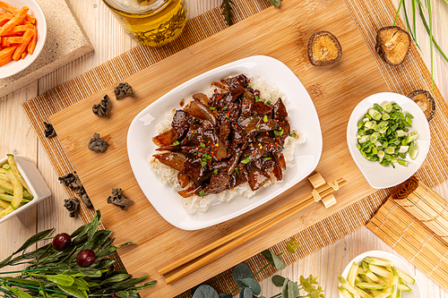 Flat lay of spicy beef and bamboo shoots served with boiled rice, Chinese food menu