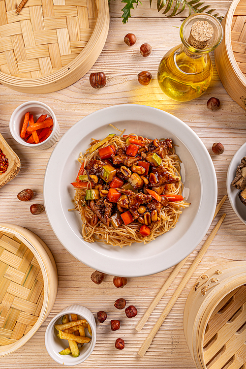 Pork chow mein, traditional Chinese main course food