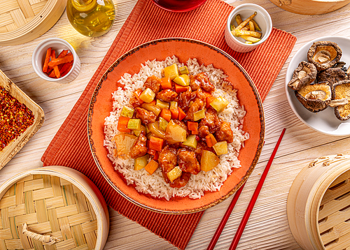 Chinese cuisine concept, Chicken with pineapple deep fried in sour-sweet sauce