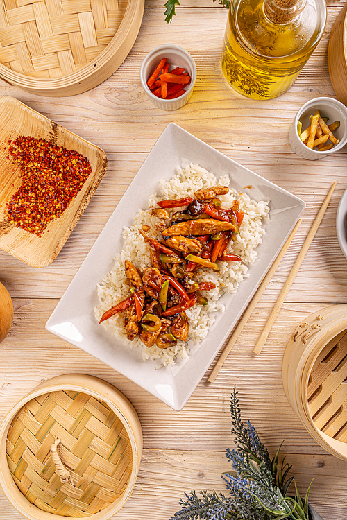 Flat lay view at authentic traditional Chinese food