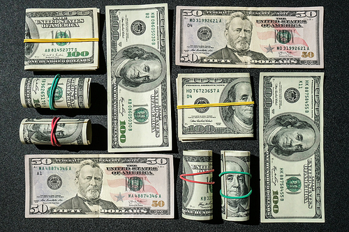 Us dollar bills are creative layout. Business concept, development perspective. Flat lay. Top view. Minimal creative style pattern. Business budget of wealth and prosperity finance. Franklin