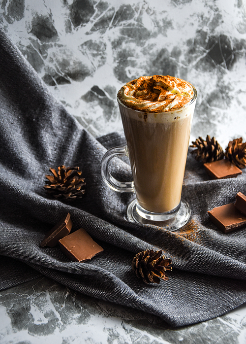 ice espresso, Nitro cold brew coffee with the fermentation was compressed nitrogen into a similar system of beer, with chocolate, grey kitchen towel , christmas drink