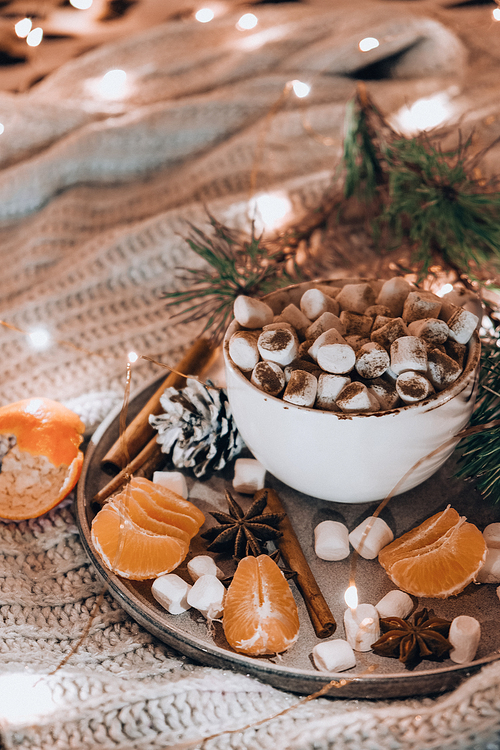 Cup with hot winter cacao and marshmallows tangerines spruce branch on bed. Christmas lights. Pine cones decoration. Cozy winter days. Hygge