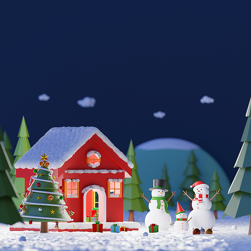 Merry Christmas and Happy New Year, Landscape of Snowman playing snow outside the red house in a pine forest at the midnight, Copy space, 3d rendering