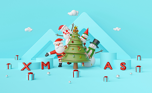 Merry Christmas and Happy New Year, Santa Claus and Snowman at Christmas tree with podium on a blue background, 3d rendering